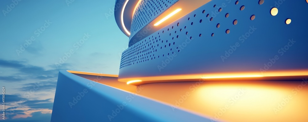 Poster abstract architecture detail featuring sleek lines and illuminated surfaces against a twilight sky.