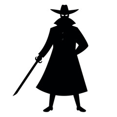 a black silhouette of a pirate standing with his back to the viewer. He is wearing a long coat and a cocked hat, and is holding a sword in his right hand