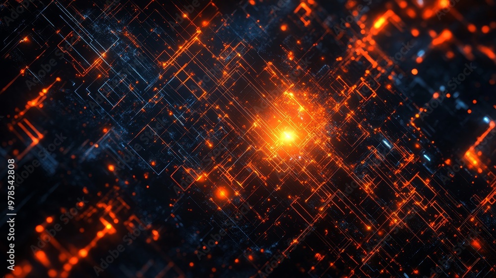 Poster abstract digital background featuring glowing orange and blue patterns, suitable for tech and futuri