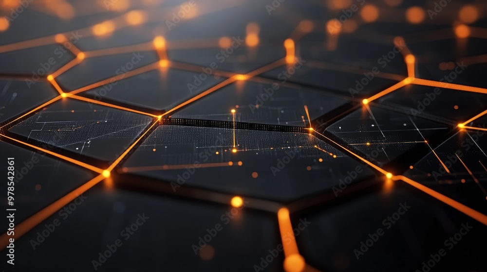 Poster abstract digital background featuring glowing orange hexagons on a dark surface, ideal for technolog