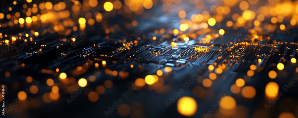 Poster abstract representation of technology with glowing lights and circuits, ideal for themes of innovati