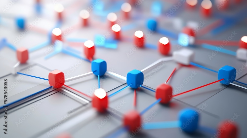Poster abstract visualization of a digital network with interconnected nodes in red, blue, and white hues o