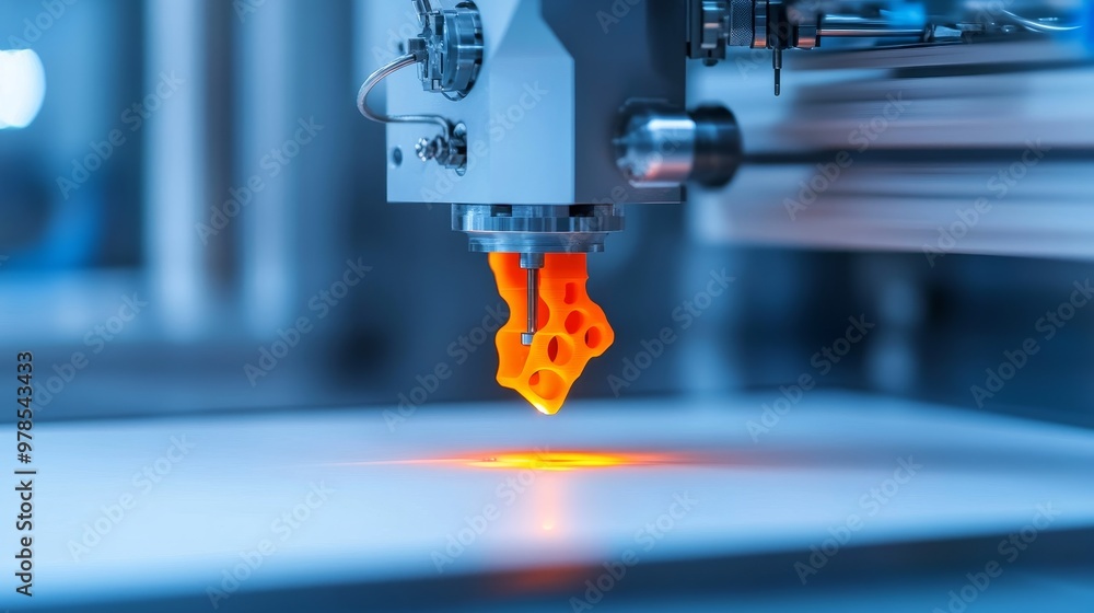 Poster close-up of a 3d printer nozzle creating a vibrant orange object on a white surface in a modern work