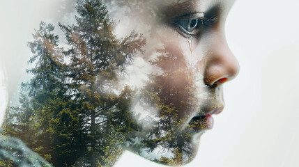 The girl is crying against the background of the forest.