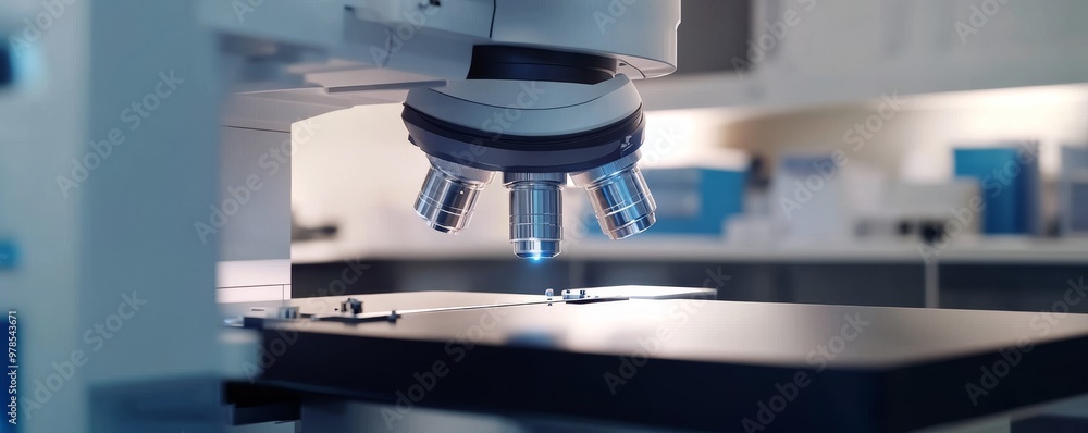 Poster close-up of a microscope on a lab table, showcasing intricate details for scientific research and ex
