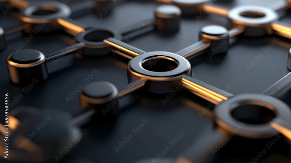 Poster close-up of a modern network structure featuring metallic nodes and connections, illustrating techno