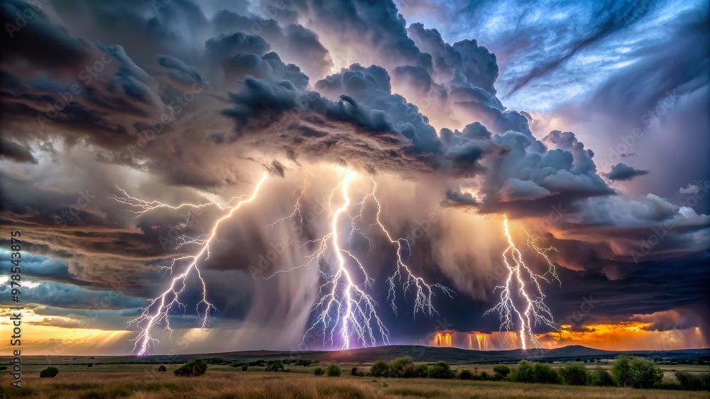 Poster powerful visual of a thunderstorm displaying electric lightning and rain under a canopy of dark clou