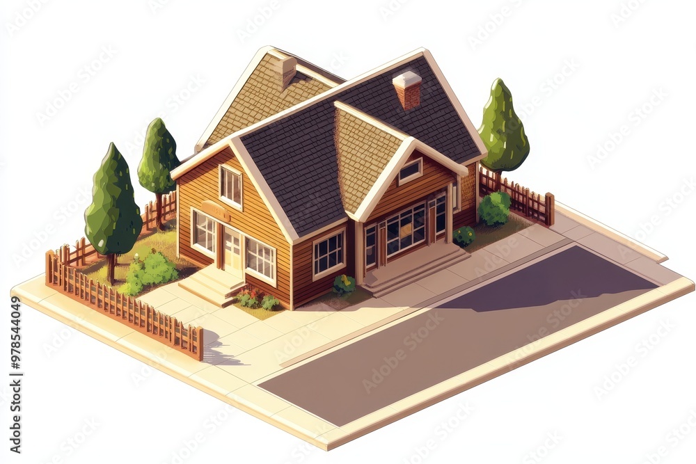 Poster a stylized 3d rendering of a cozy house with trees and a fence.