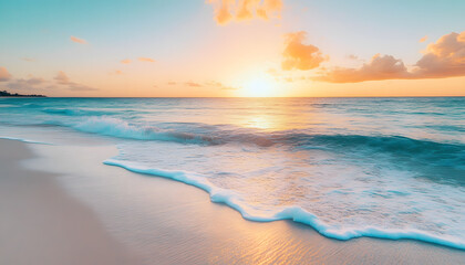 Obraz premium Crystal-clear turquoise waters with gentle waves lapping at a pristine beach under a golden sunset