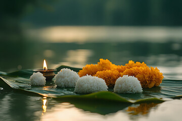 An offering with flowers in a river for Pitru Paksha festival