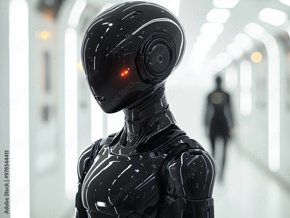 Poster futuristic humanoid robot stands in a sleek, modern corridor illuminated by bright lights during a t
