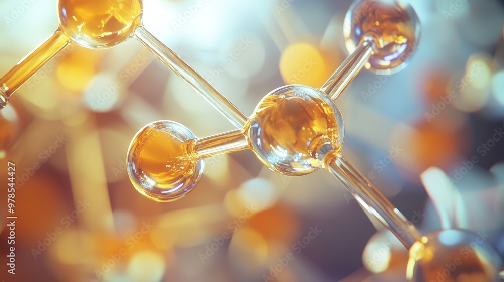 Poster close-up of molecular structure with amber spheres, showcasing science and innovation in a stylized 