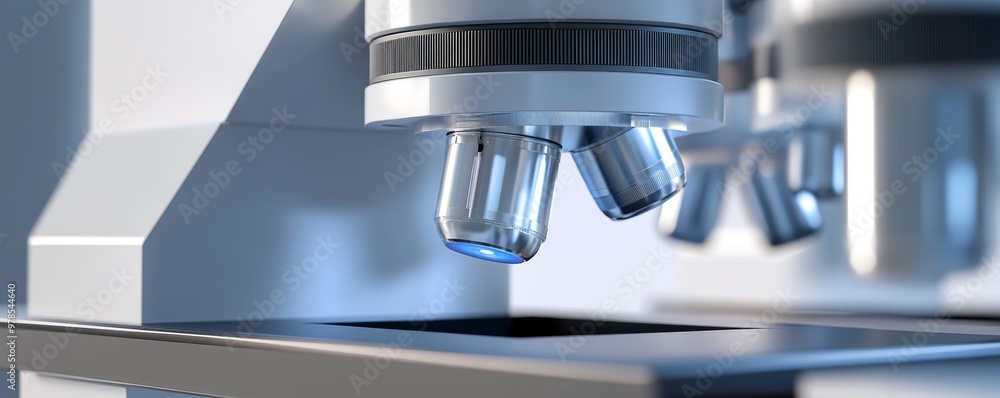 Poster close-up view of a microscope, showcasing precision optics and advanced technology used in scientifi