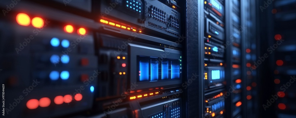 Poster close-up view of a modern server rack with illuminated buttons, showcasing advanced technology in a 
