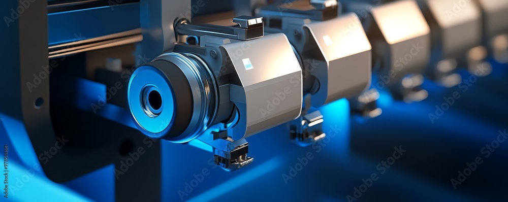 Poster close-up view of a modern precision machine component with a blue illumination, showcasing intricate