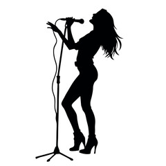 Naklejka premium a woman singing into a microphone. She is standing on one leg with the other leg bent at the knee and her arms stretched out to the sides