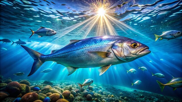 Swimming in a school, a vibrant bluefish with iridescent scales catches the sunlight, its intricate patterns shimmering on the calm ocean surface.