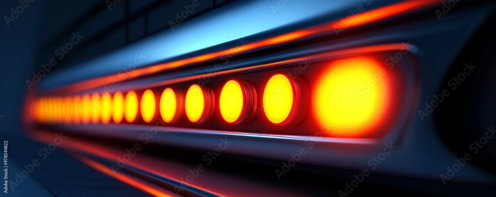 Poster close-up view of glowing orange lights lined on a sleek surface, creating a futuristic and modern vi
