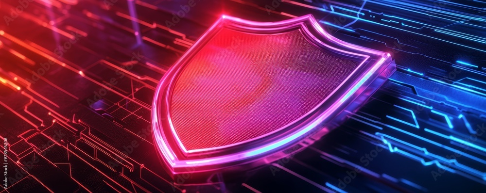 Poster digital shield symbol representing cybersecurity and data protection with vibrant neon colors and a 
