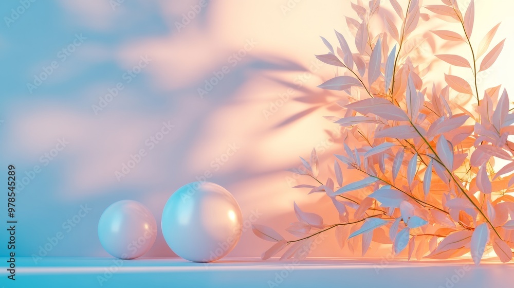 Aufkleber elegant composition of soft colors with decorative leaves and smooth spheres for minimalistic or mod
