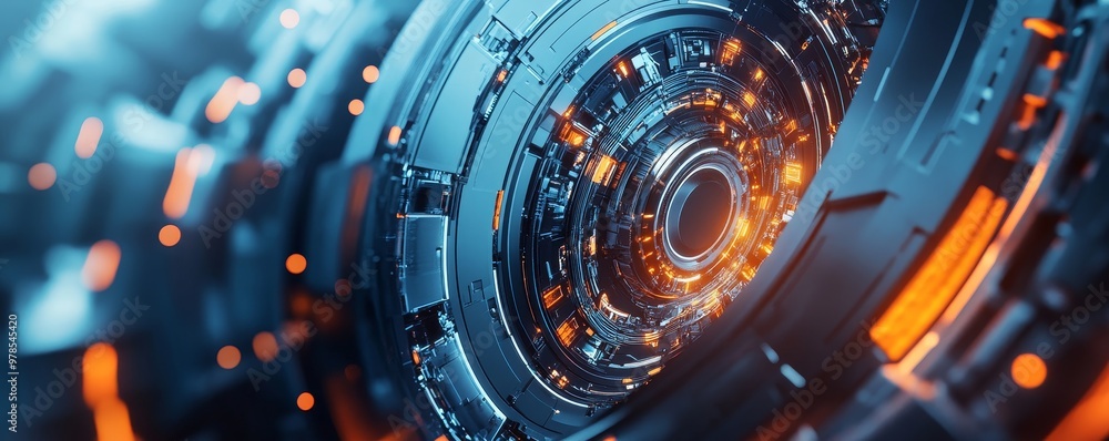 Poster futuristic close-up of a mechanical component with intricate details and glowing elements, perfect f