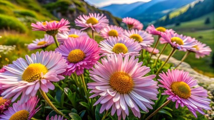 Vibrant, daisy-like blooms with soft pink petals and yellow centers are arranged amidst lush greenery on a sunny hillside amidst rustling leaves