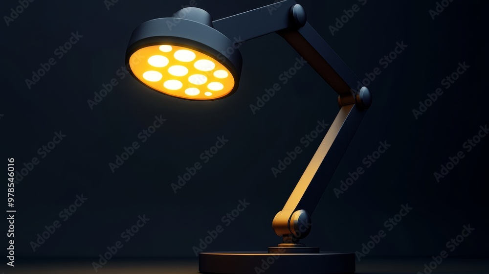 Poster modern desk lamp illuminating a workspace with a warm glow, showcasing a sleek design in a dark envi
