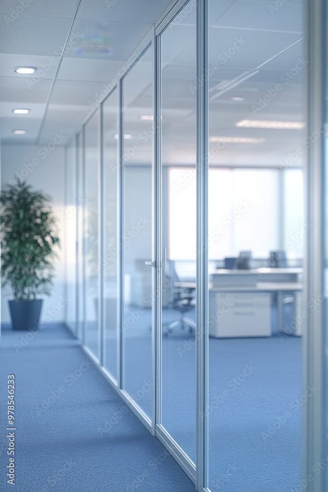 Poster A modern office setting showcases glass walls and large windows, creating a bright workspace filled with natural light. This inviting area is designed for productivity and collaboration