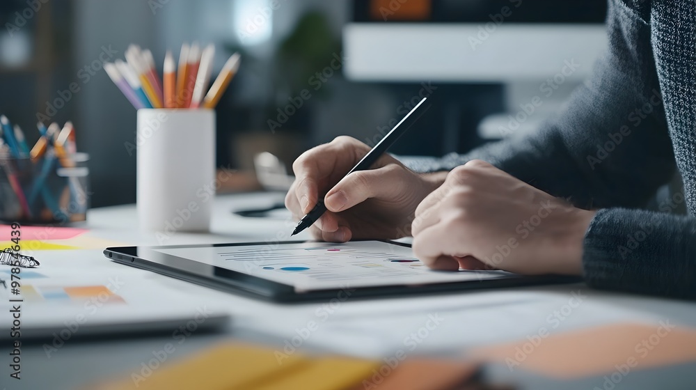 Poster graphic designer sketching ideas on tablet with colorful design drafts in background