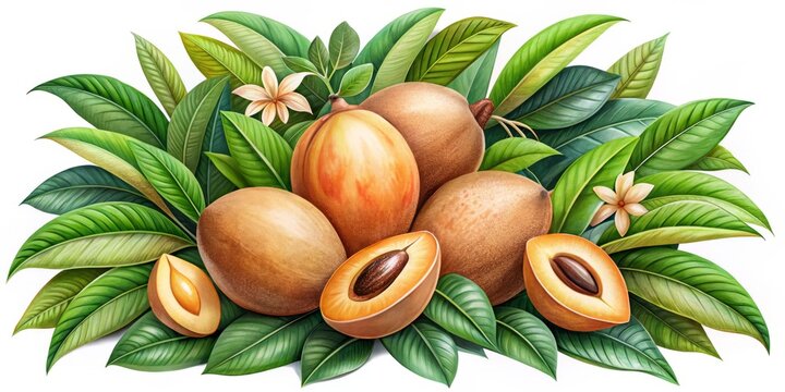 "Depict a cluster of iconic Sapotaceae family plants, including sapodilla (Manilkara zapota), sapote (Pouteria sapota), and mamey sapote (Pouteria caimito), amidst lush foliage"