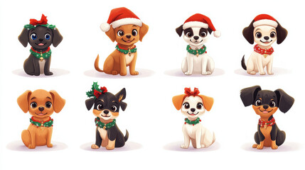 Obraz premium Cute cartoon dogs wearing festive accessories and holiday cheer