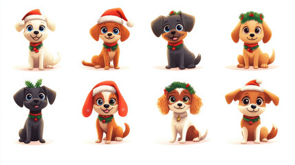 Cute cartoon dogs wearing festive hats and wreaths, perfect for holiday cheer!