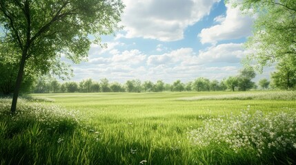 Obraz premium A serene landscape featuring lush green grass, trees, and a bright blue sky with clouds.