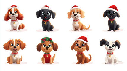 Fototapeta premium Cute cartoon dogs wearing Christmas hats and festive collars