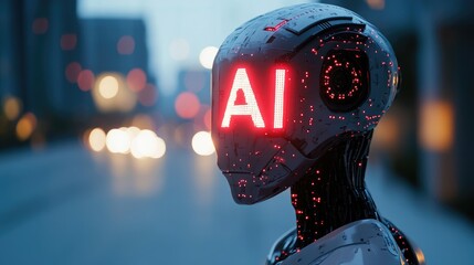 A Close-up of a Futuristic AI Robot with Glowing Red LEDs