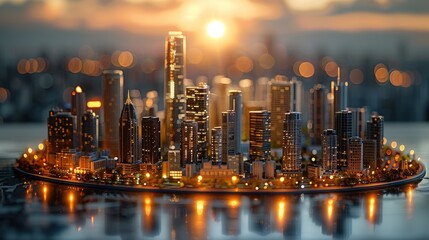 A miniature cityscape with skyscrapers at sunset with blurred background.