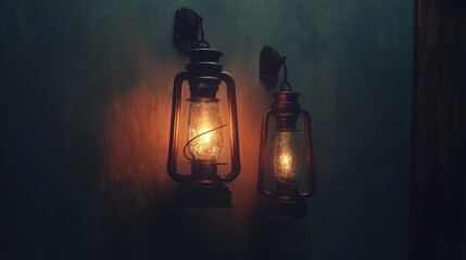 Two vintage lanterns illuminate a rustic wall, creating a warm and inviting atmosphere in a cozy space.
