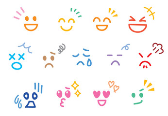 喜怒哀楽の表情の手書きのかわいい絵文字・顔文字　輪郭なし　カラフル