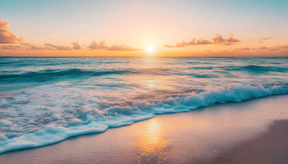Fototapeta premium Crystal-clear turquoise waters with gentle waves lapping at a pristine beach under a golden sunset