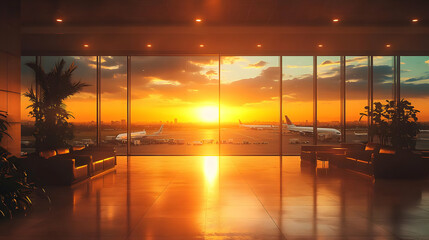 Fototapeta premium Sunset View from Airport Lounge with Planes and Cityscape