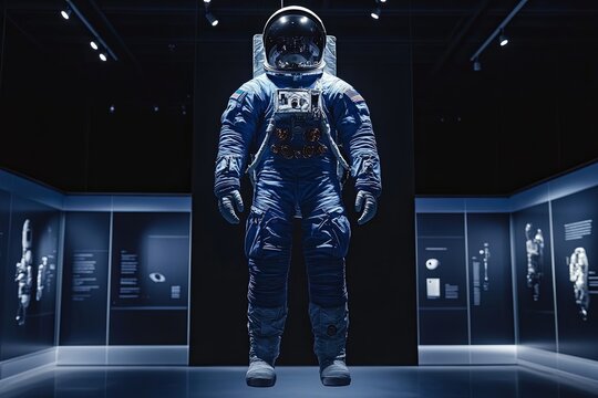 An astronaut suit displayed in a modern exhibition at a science museum, showcasing space exploration and technology. Generative AI