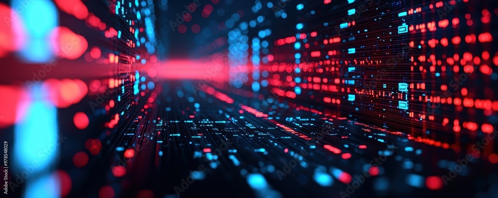 Poster abstract digital landscape featuring bright red and blue light trails, creating a dynamic sense of d