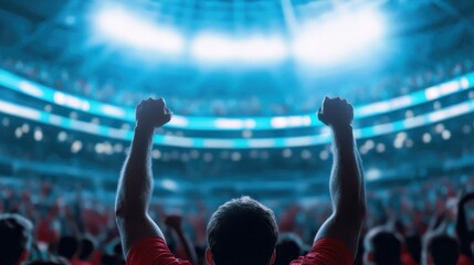 An enthusiastic fan celebrates in a vibrant stadium filled with energy and excitement during a live...