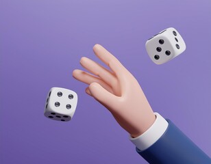 3D hand in a suit throws two dice in the air, 3D illustration
