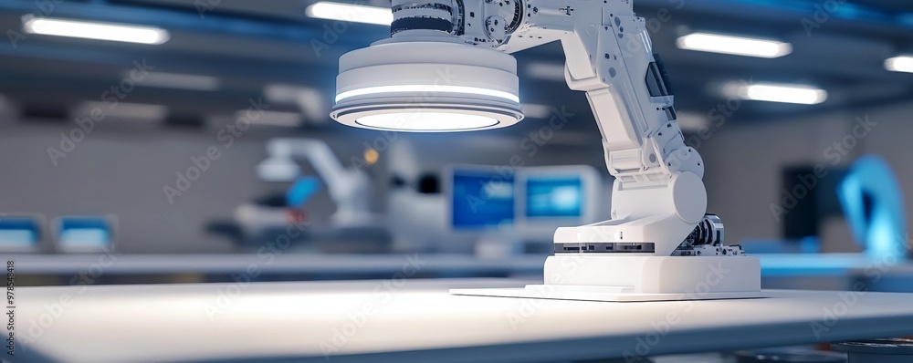 Poster a close-up of a robotic arm in a modern workspace, showcasing advanced technology and automation in 