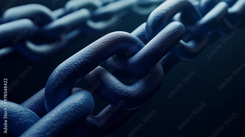 Poster a close-up of a metallic chain, highlighting its links with a dark background, symbolizing strength 