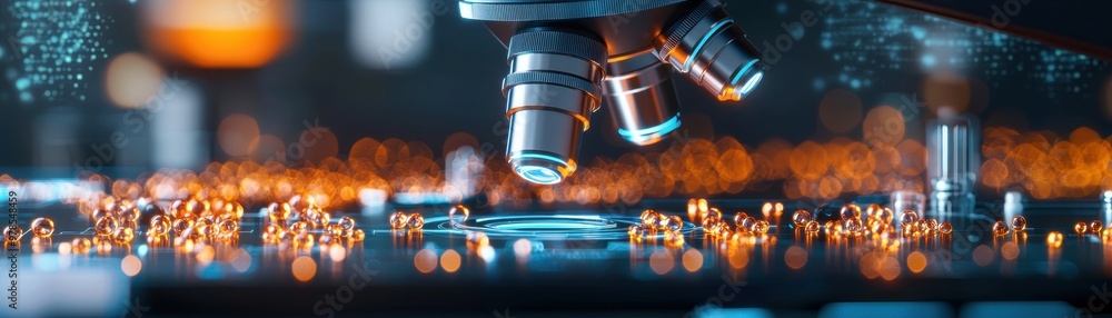 Poster a close-up of a microscope over a circuit board filled with tiny, glowing components, showcasing adv