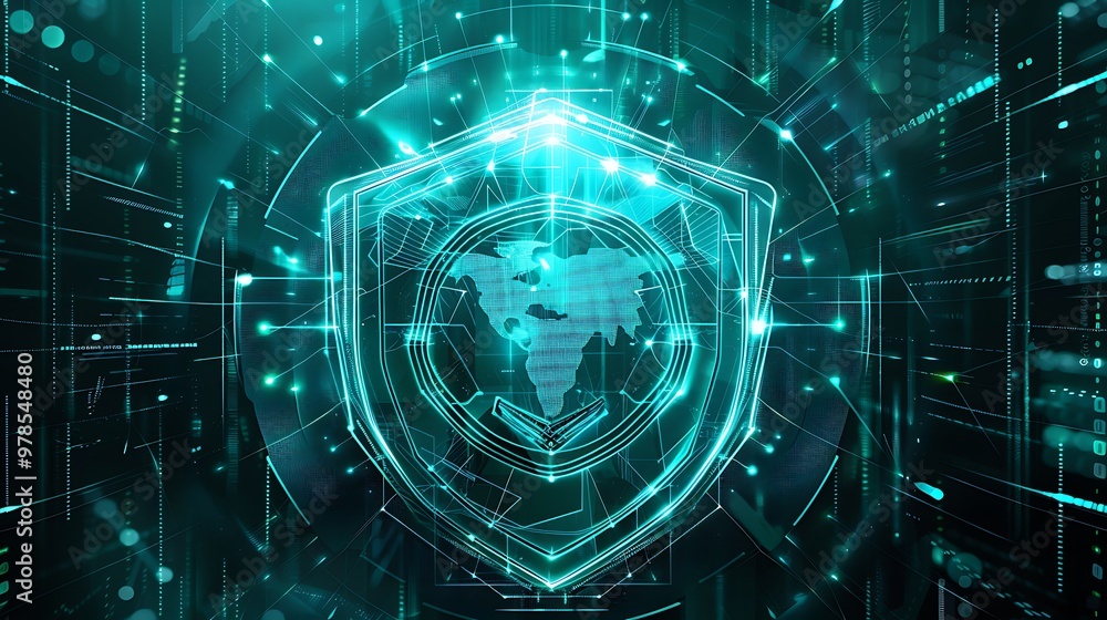 Poster digital illustration depicting a glowing shield with a world map inside, symbolizing global cybersec