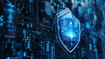 Futuristic digital shield with glowing blue light for symbolizing cybersecurity data protection secure access digital defense encryption and online safety technology concept.