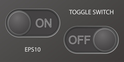Black toggle switch with inscriptions on and off. 3 D. Vector illustration.